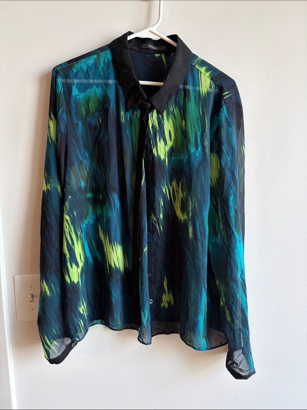 Tahari Black Sheer Blouse with Teal and Neon Green Brushprint